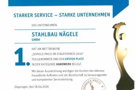 Service-Preis im Stauferkreis 2016-Stahlbau Nägele erhält Bauoskar in der Kategorie Handwerk