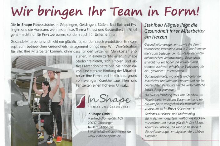 Kooperation Stahlbau Nägele und In Shape Göppingen