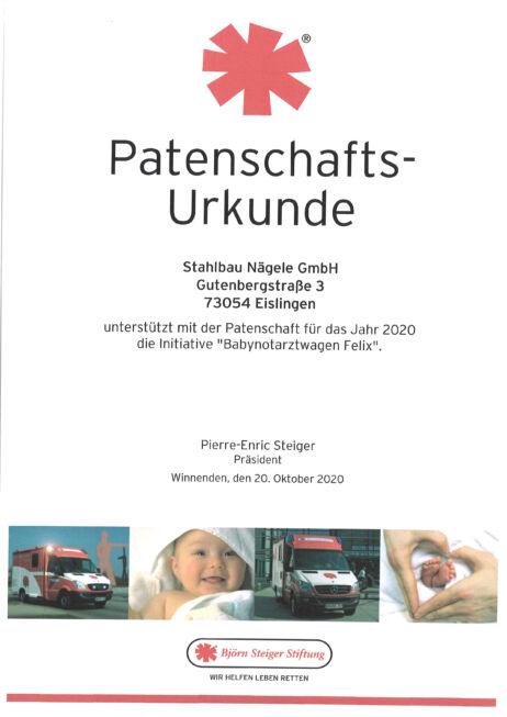 bei-Björn Steiger Stiftung-Urkunde-Babynotarztwagen Felix