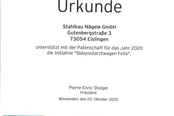 bei-Björn Steiger Stiftung-Urkunde-Babynotarztwagen Felix