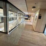 Innenflur der MHP-Arena mit Glasgeländer, Holzverkleidung und moderner Lichtführung