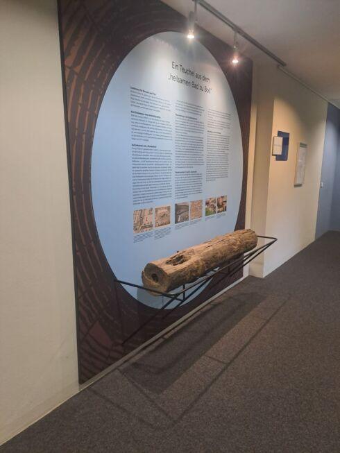 Seitliche Ansicht des historischen Teuchels aus dem „heilsamen Bad zu Boll“ im Foyer des Kurhauses Bad Boll. Das Holzstück liegt auf einer gebogenen Rundstahl-Unterkonstruktion, gefertigt von Stahlbau Nägele.