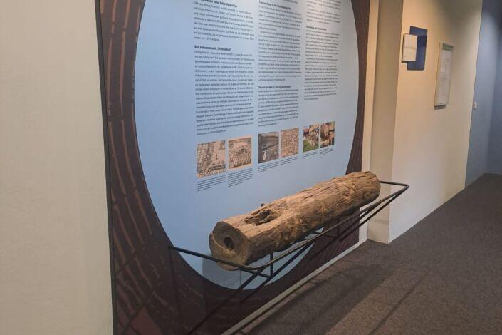 Seitliche Ansicht des historischen Teuchels aus dem „heilsamen Bad zu Boll“ im Foyer des Kurhauses Bad Boll. Das Holzstück liegt auf einer gebogenen Rundstahl-Unterkonstruktion, gefertigt von Stahlbau Nägele.
