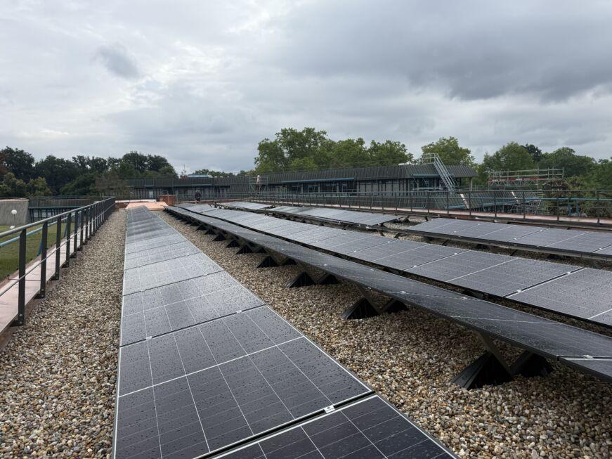 Stahlgeländer entlang der Dachfläche mit Photovoltaikanlage am Museum am Löwentor