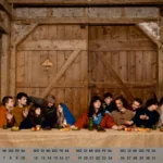 Nachgestellte Szene „Das letzte Abendmahl“ als Tableau vivant, Gruppe sitzt an langer Tafel in rustikalem Holzraum, Brot, Obst und Krug auf dem Tisch