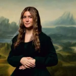 Nachgestelltes Mona Lisa Portrait als Tableau vivant, Frau mit langen braunen Haaren und gefalteten Händen vor nebliger Landschaft
