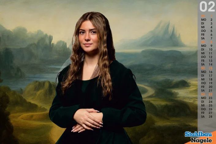Nachgestelltes Mona Lisa Portrait als Tableau vivant, Frau mit langen braunen Haaren und gefalteten Händen vor nebliger Landschaft