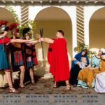 Tableau vivant zum Schwur der Horatier, drei Männer in römischen Rüstungen strecken die Arme aus, gegenüber steht eine Figur im roten Umhang mit Schwertern, rechts sitzen trauernde Frauen