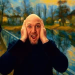 Tableau vivant Der Schrei, Mann mit offenem Mund hält die Hände an den Kopf vor expressionistischem Landschaftshintergrund, im Hintergrund zwei Personen auf einem Steg