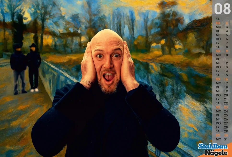 Tableau vivant Der Schrei, Mann mit offenem Mund hält die Hände an den Kopf vor expressionistischem Landschaftshintergrund, im Hintergrund zwei Personen auf einem Steg