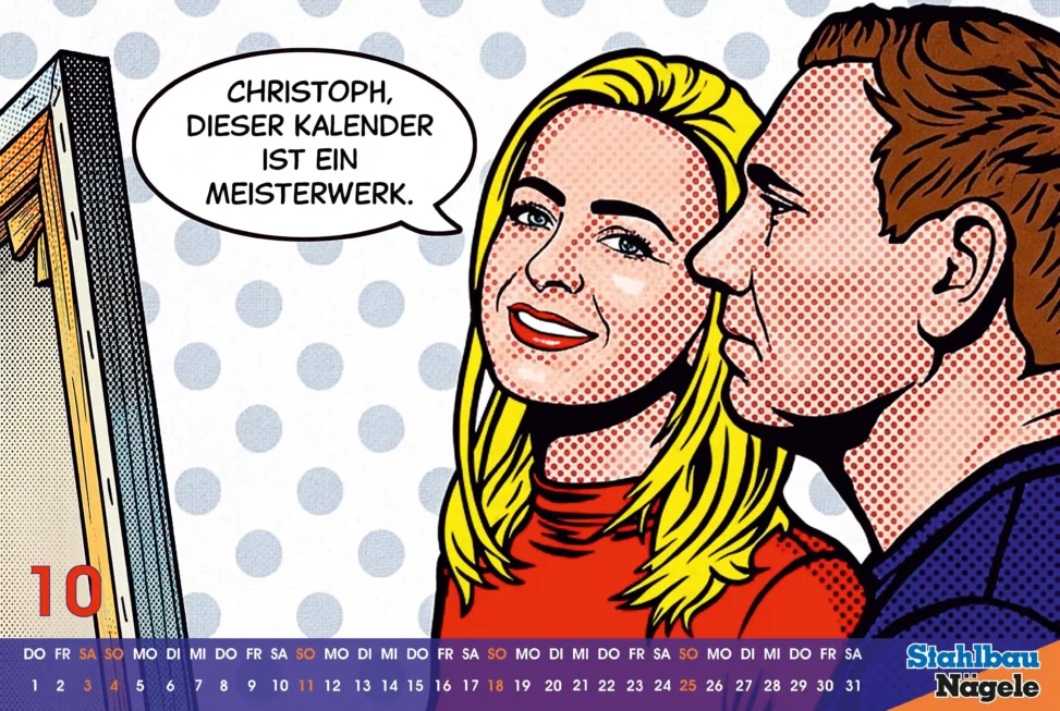 Pop Art Motiv im Comic Stil, Frau und Mann schauen auf ein Bild und Sprechblase sagt „Christoph, dieser Kalender ist ein Meisterwerk.“