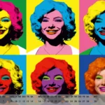 Pop Art Motiv im Warhol Stil, sechs farbige Porträts einer lächelnden Frau als Rasterbild in unterschiedlichen Farbvarianten