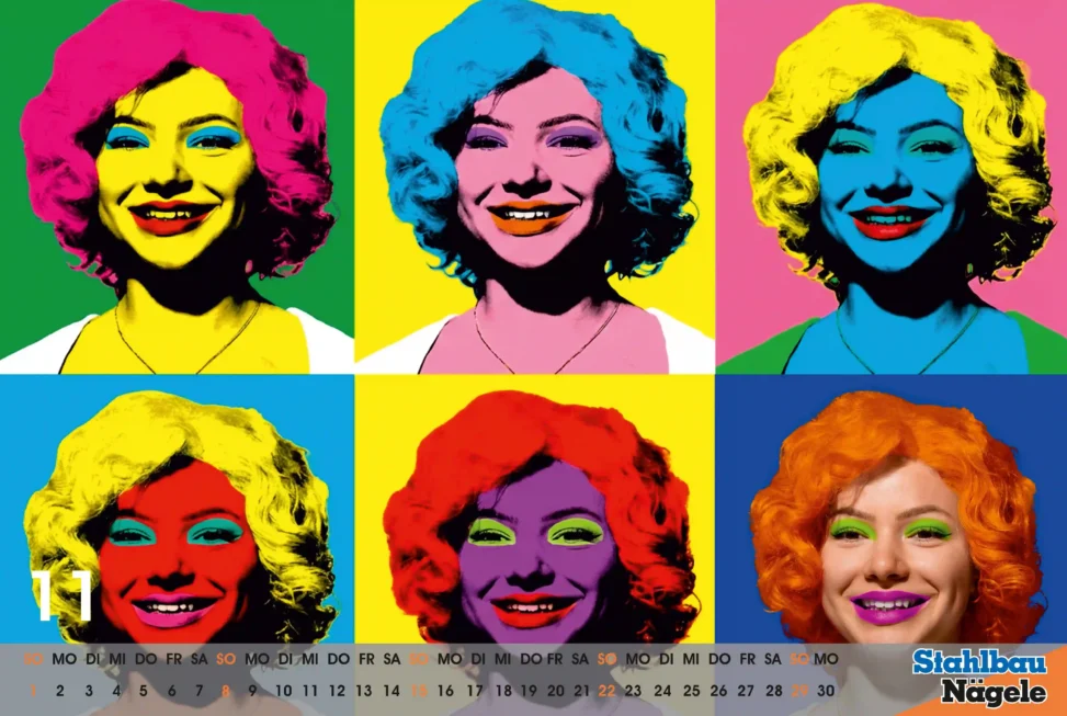 Pop Art Motiv im Warhol Stil, sechs farbige Porträts einer lächelnden Frau als Rasterbild in unterschiedlichen Farbvarianten