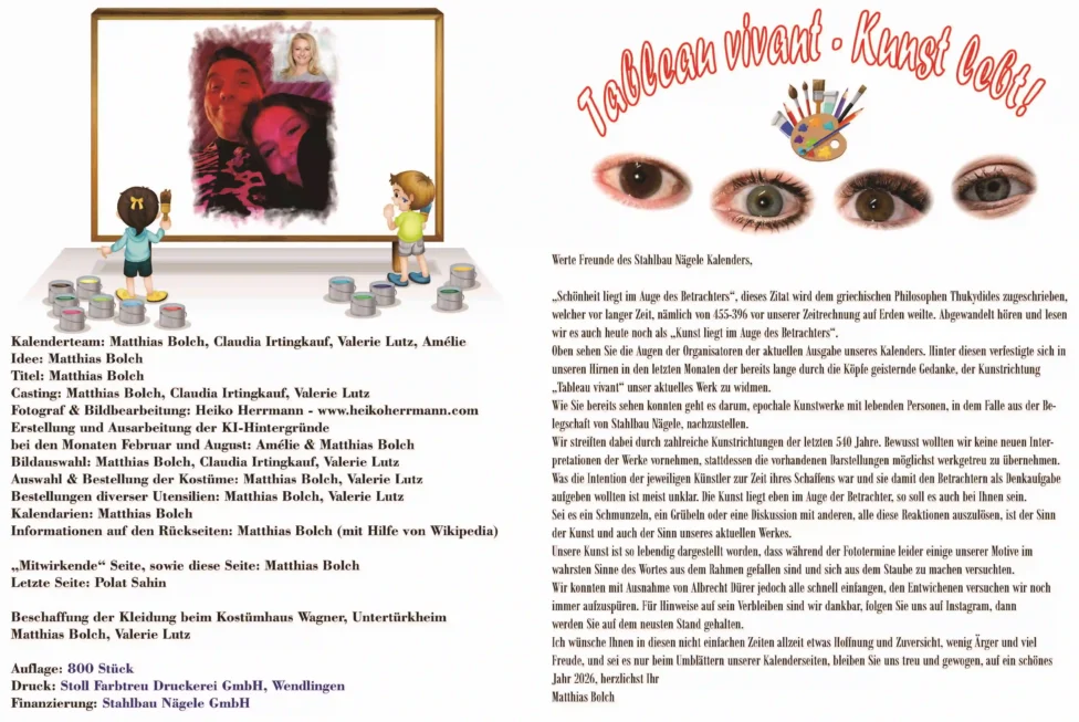 Danksagungen und Hintergrundseite zum Kalender 2026, links Illustration mit Kindern vor gerahmtem Bild und Farbtöpfen, rechts Überschrift „Tableau vivant Kunst lebt!“ mit Augen Motiven und Begleittext